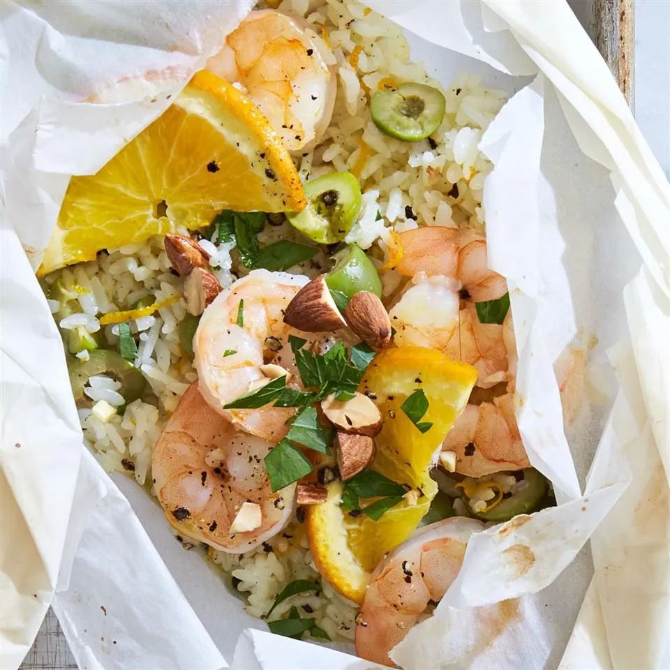 Shrimp and Rice Packets with Olives and Oranges