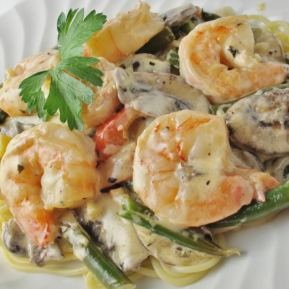 Shrimp and Mushroom Linguini with Creamy Cheese Herb Sauce