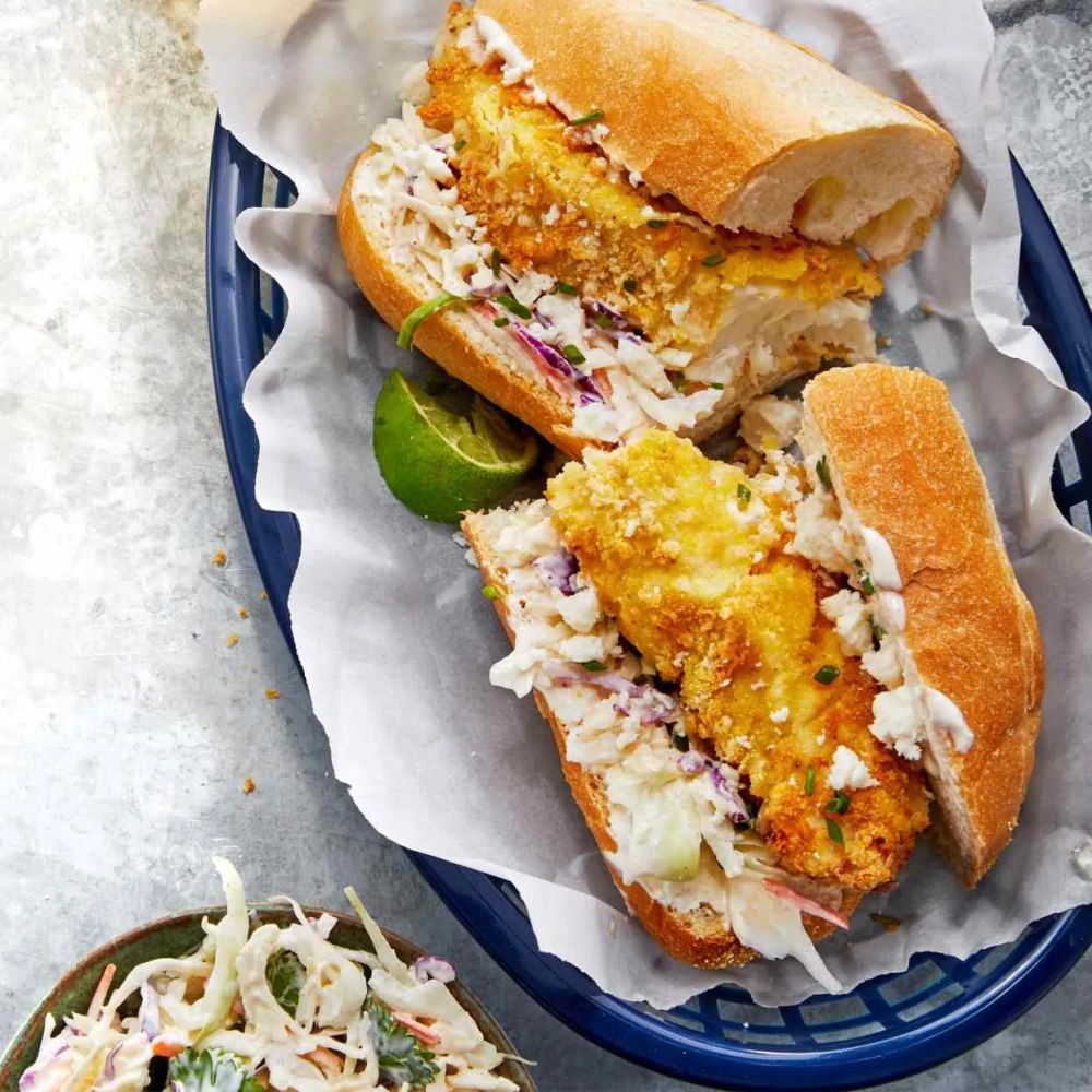 Air-Fried Crispy Fish Po' Boys with Chipotle Slaw