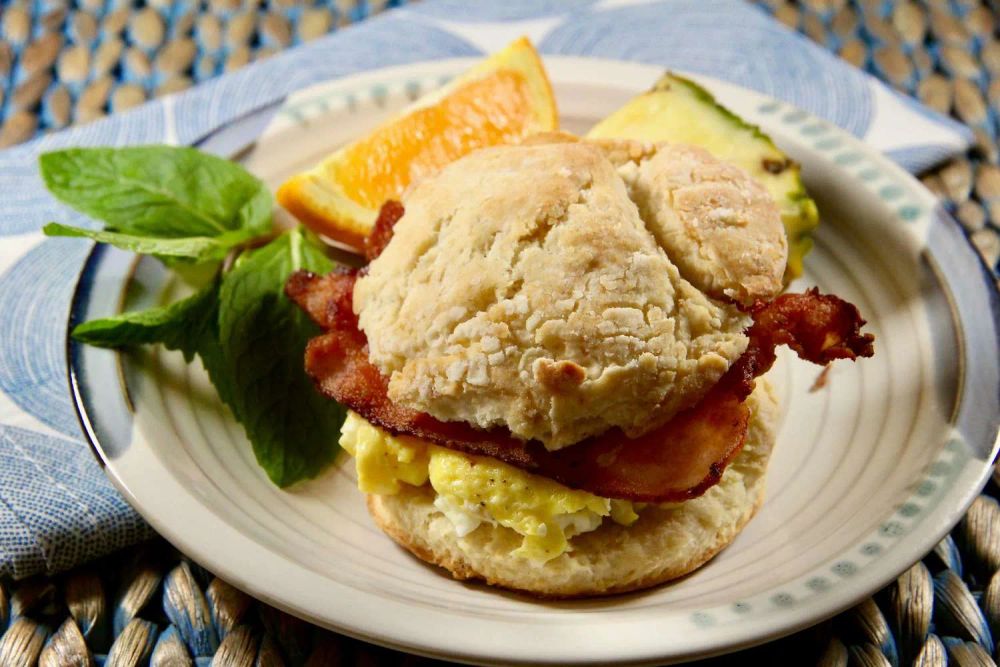 Bacon, Egg, and Cheese Buttermilk Biscuit Breakfast Sandwich