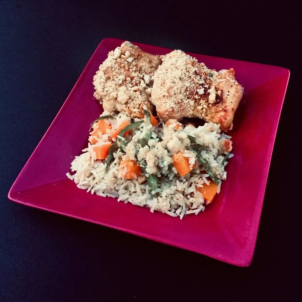 Baked Chicken Thighs, Rice, and Vegetables