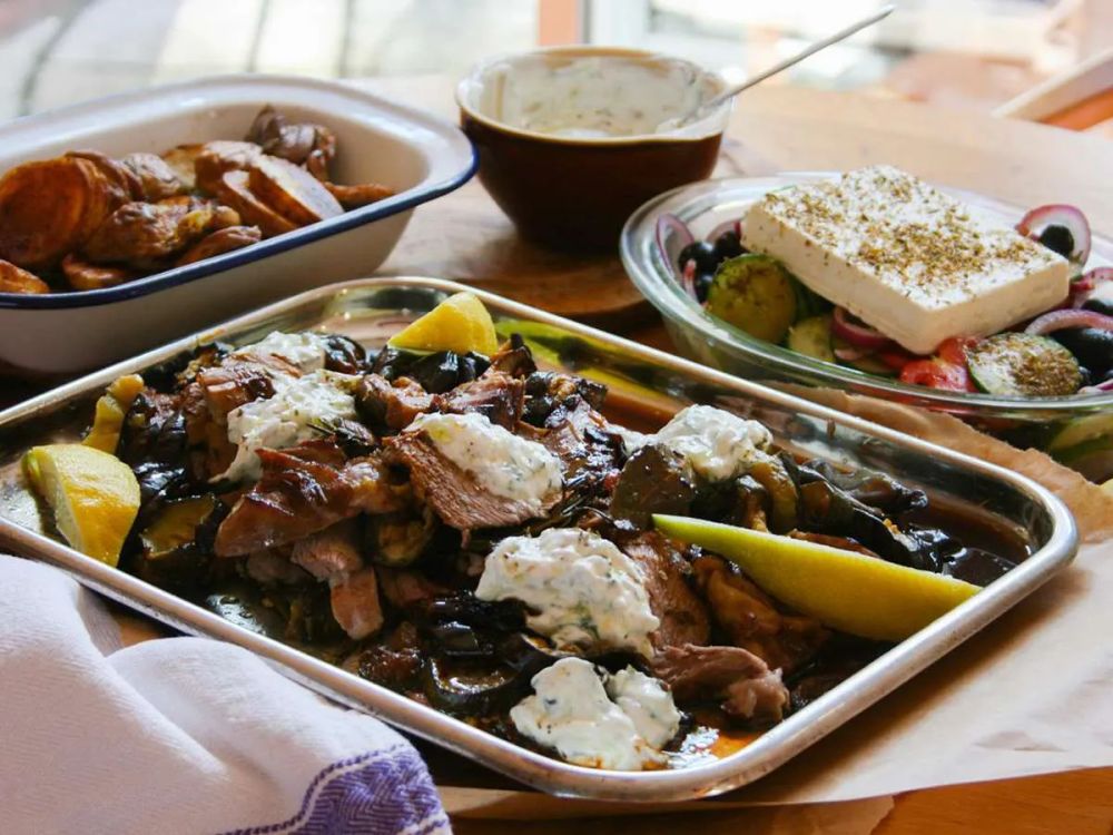 Roast Greek Lamb with Tzatziki, Roasted Vegetables, and Greek Salad