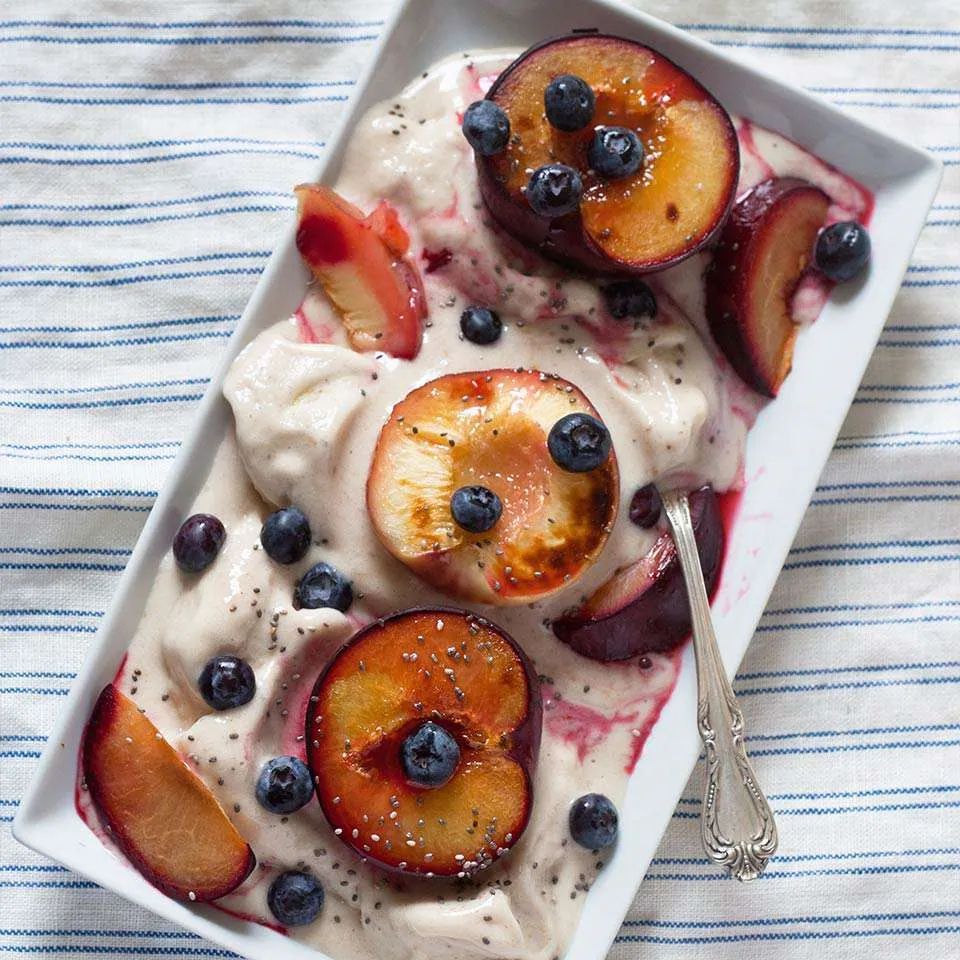 Broiled Stone Fruit with Cardamom Banana Soft Serve