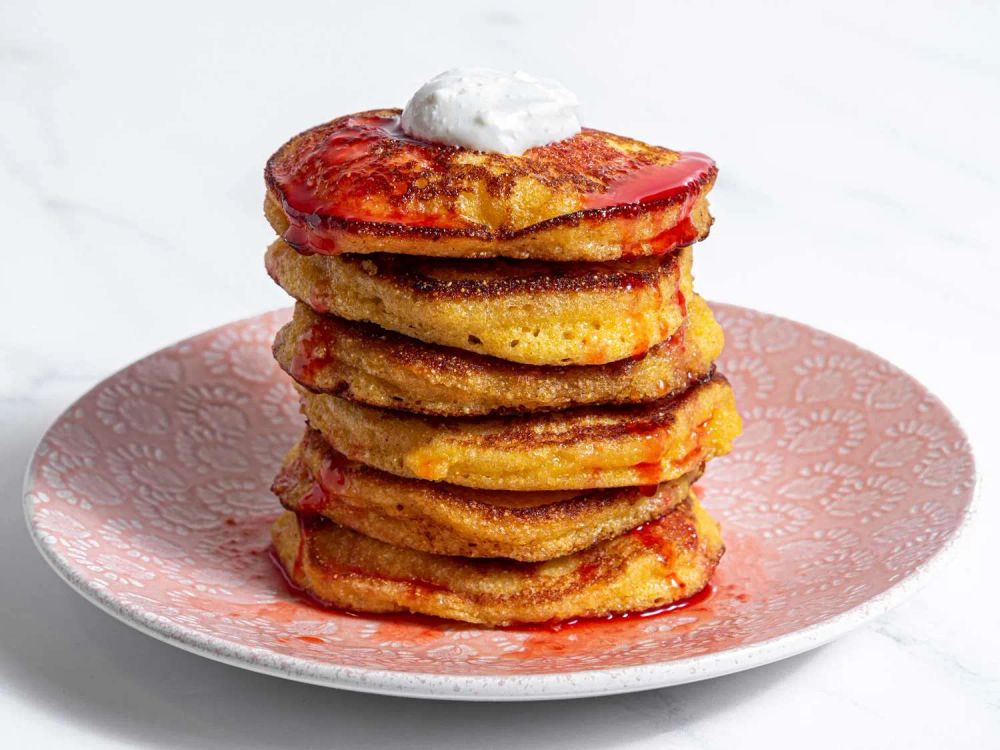 Cornbread Pancakes with Fresh Strawberry Syrup