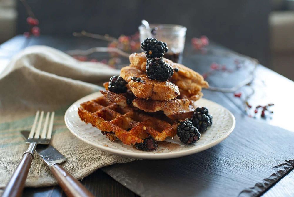 Spicy Gluten-Free Chicken and Cheddar Waffles with Blackberry-Maple Syrup