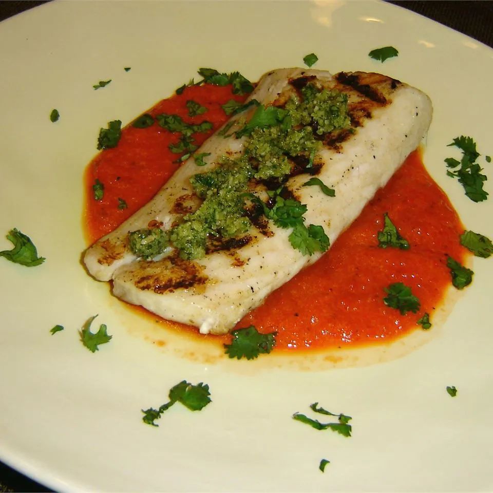 Grilled Mahi Mahi with Roasted Pepper Sauce and Cilantro Pesto