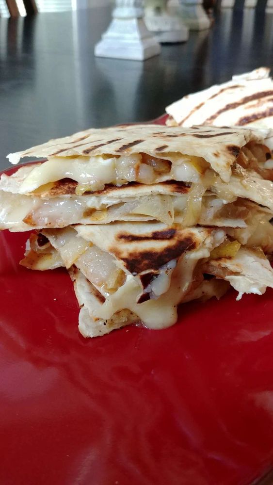 Pear, Caramelized Onion, and Brie Quesadillas