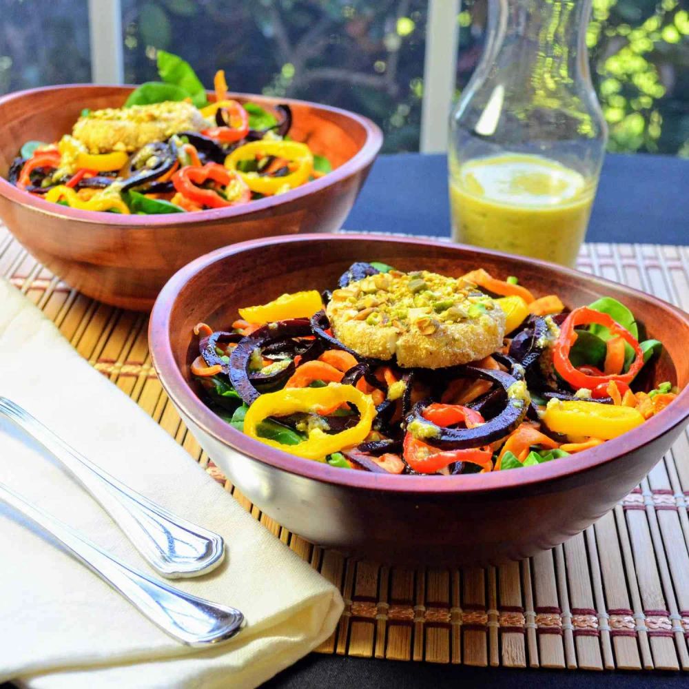 Roasted Sweet Potato and Beet Noodle Salad with Goat Cheese Medallions and Pistachio Vinaigrette