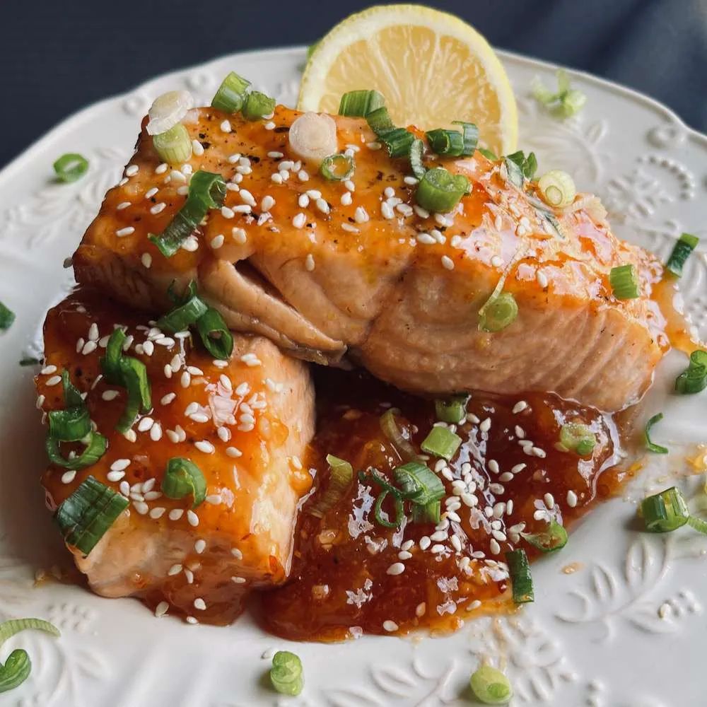 Air Fryer Salmon with Spicy Peach Glaze