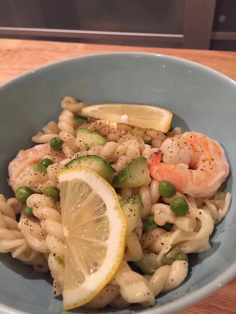 Creamy Gemelli Pasta with Shrimp and Spring Vegetables