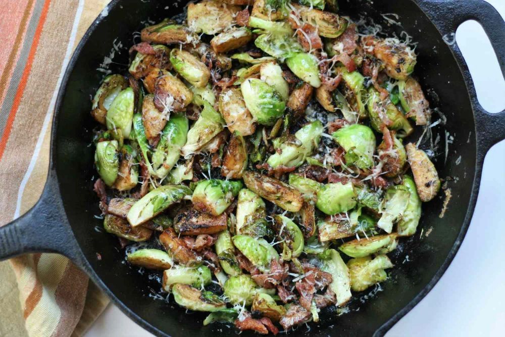 Bacon and Parmesan Brussels Sprouts with Black Garlic