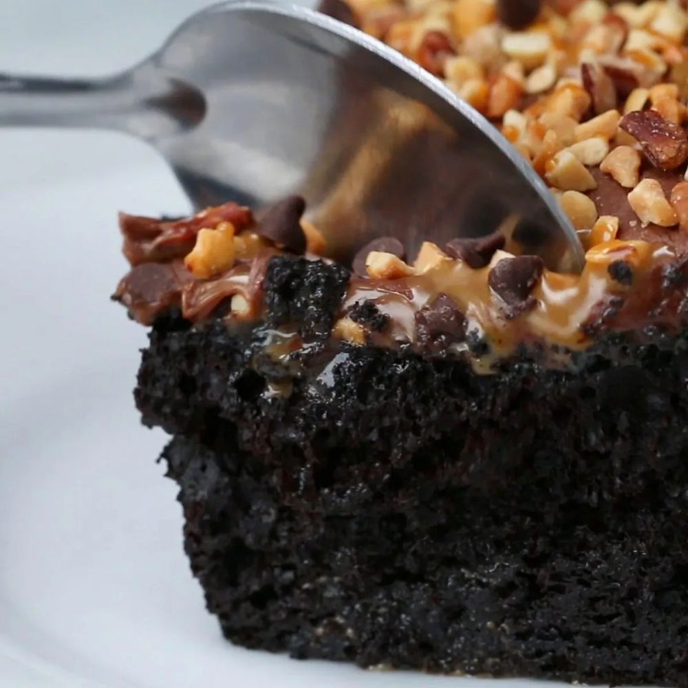 Chocolate Turtle Poke Cake