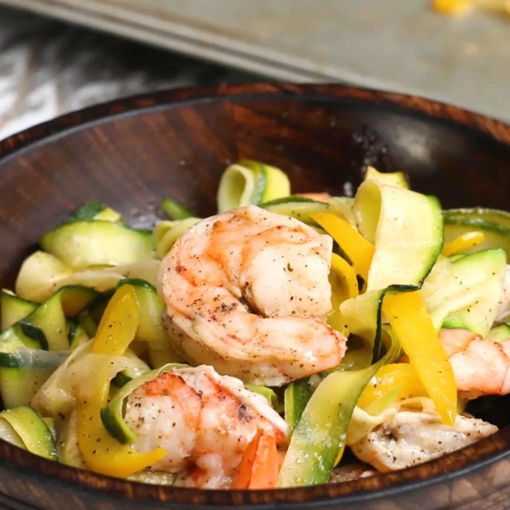 Zucchini "Linguini" With Roasted Shrimp