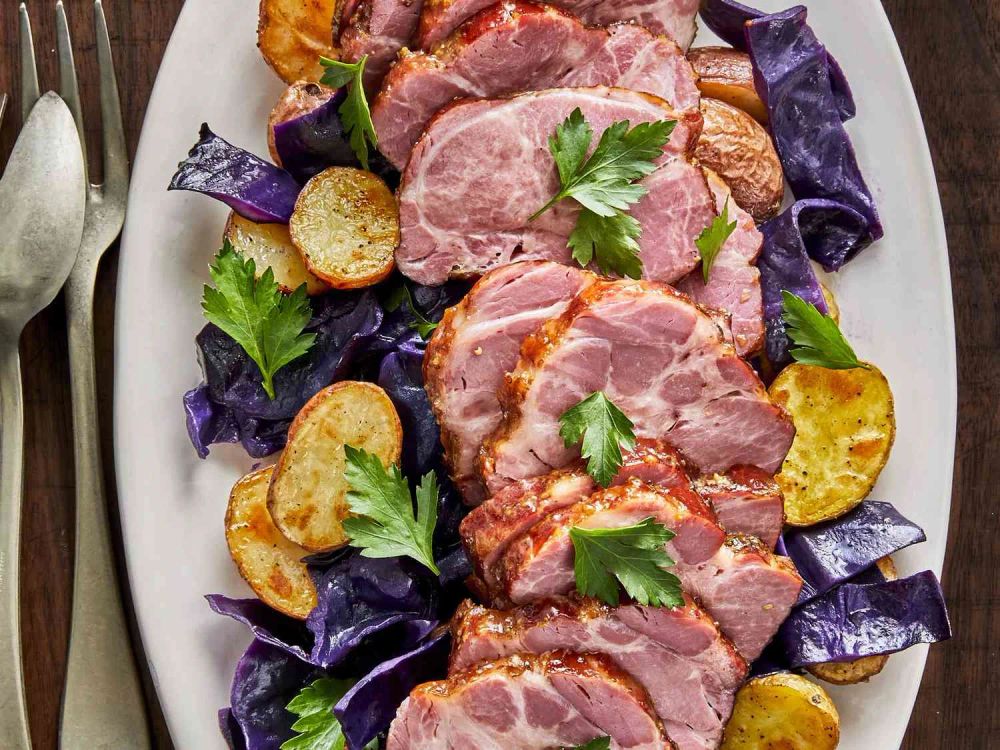 Spiced Honey Mustard Cottage Ham with Purple Cabbage