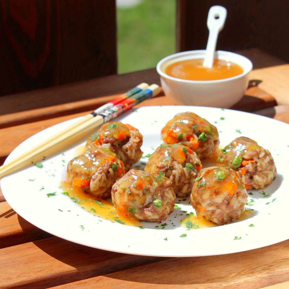 Pork Fried Rice Meatballs with Homemade Sweet and Sour Sauce