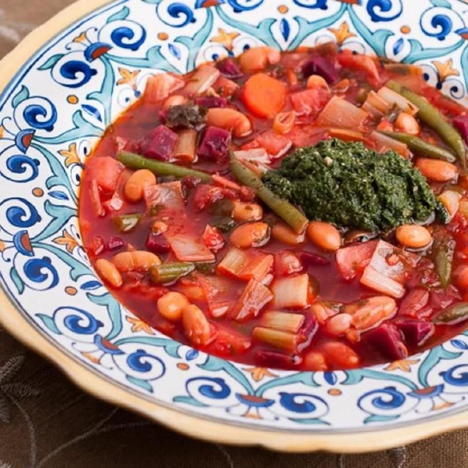 Red Winter Minestrone with Winter Greens Pesto