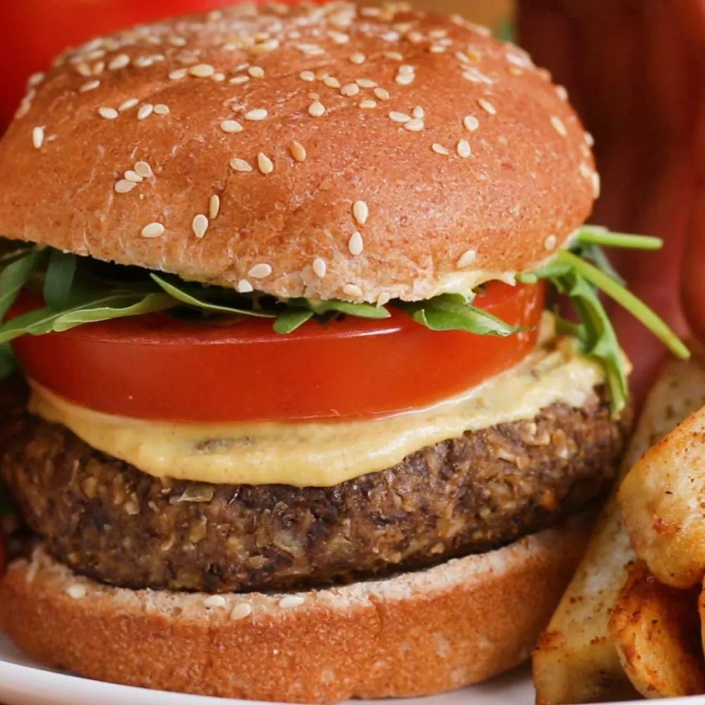 Mushroom Lentil Burger & Fries