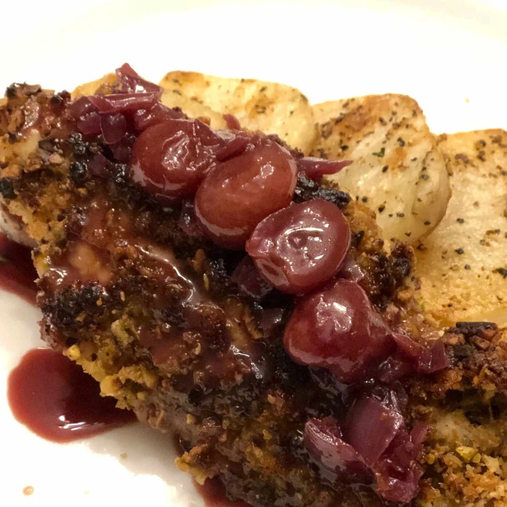 Pistachio Crusted Chicken Breasts with Sun-Dried Cherry and Orange Sauce