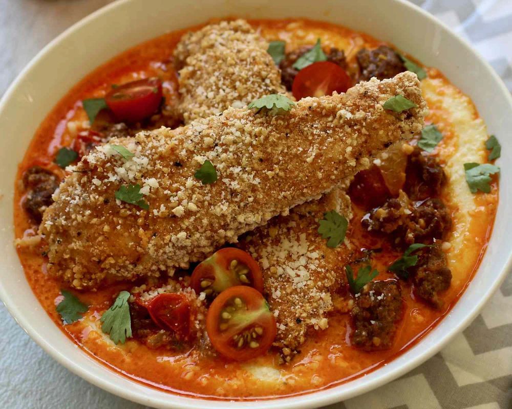 Spicy Oven-Fried Chicken with Cheese Grits and Chorizo Reduction