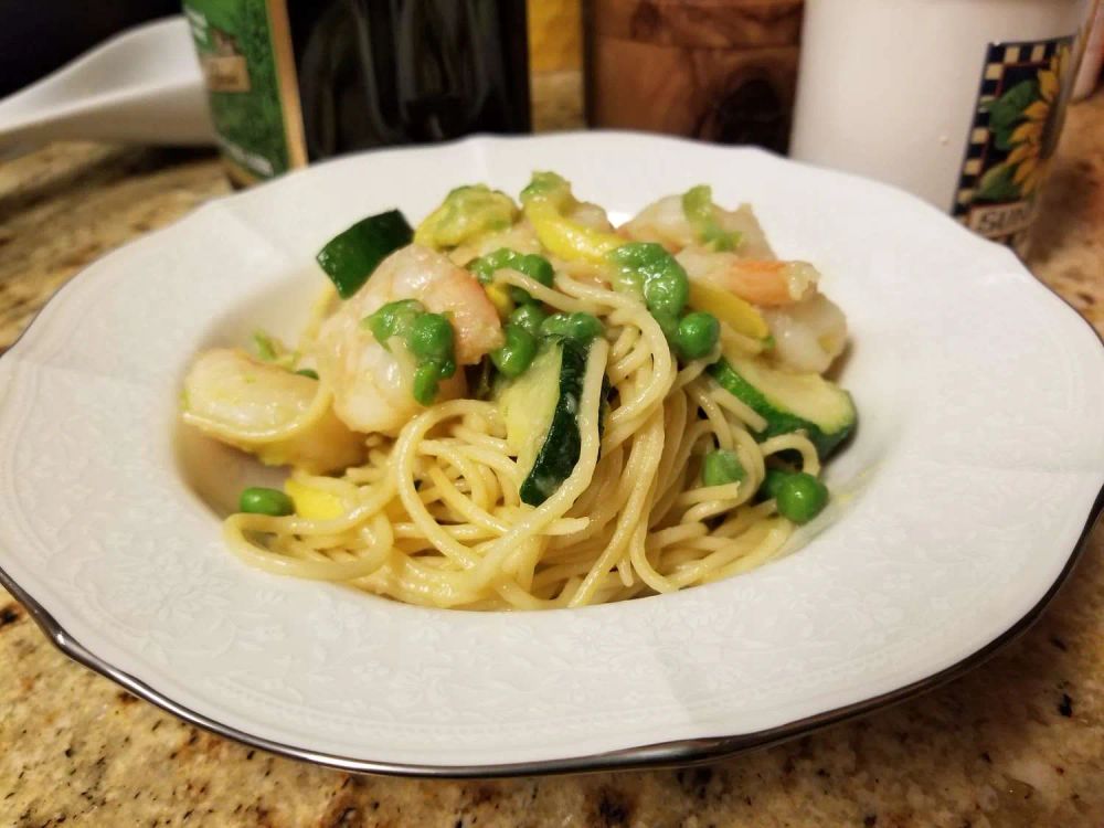 Garlicky Shrimp Primavera with Shishito Peppers