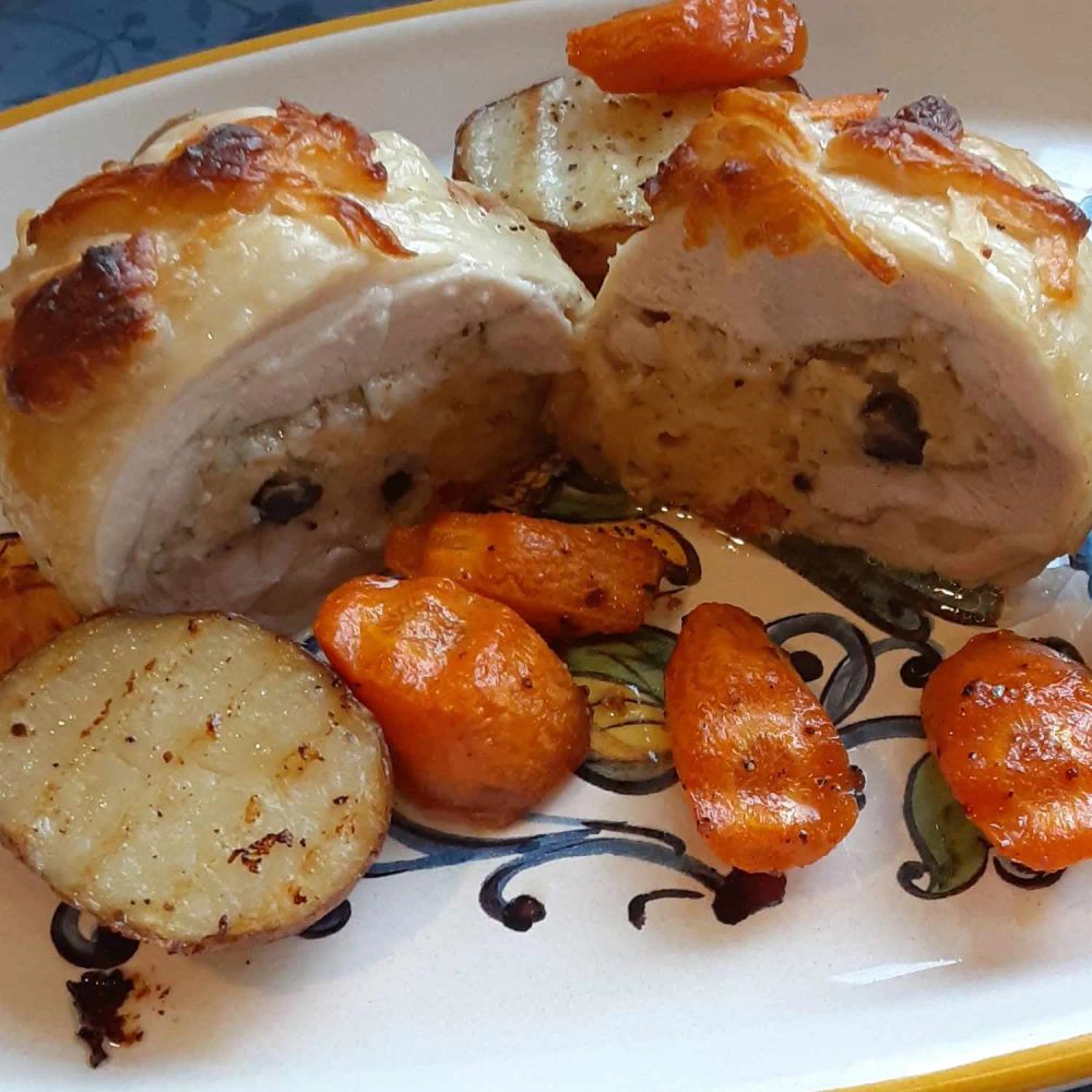 Stuffed Chicken Thighs with Roasted Potatoes and Carrots