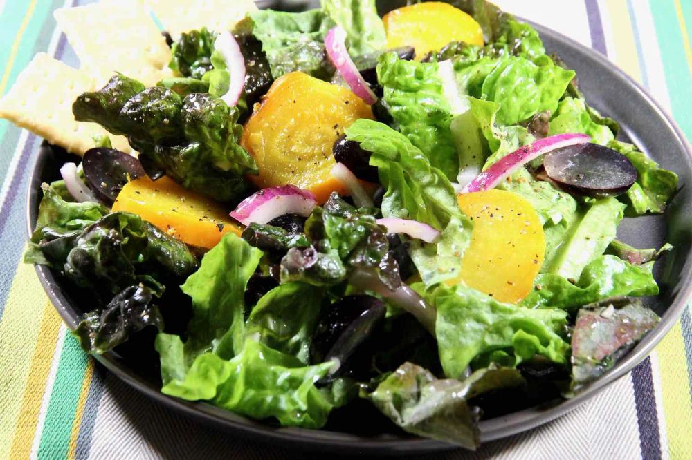 Red Leaf Lettuce Salad with Golden Beets and Grapes