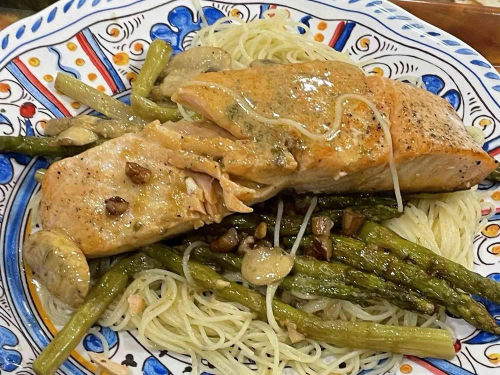 Salmon With Dijon Butter Sauce, Asparagus and Herb Butter Angel Hair Pasta