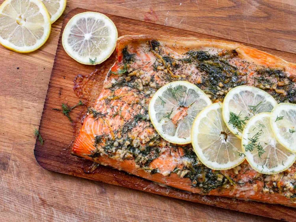 Cedar Plank-Grilled Salmon with Garlic, Lemon and Dill