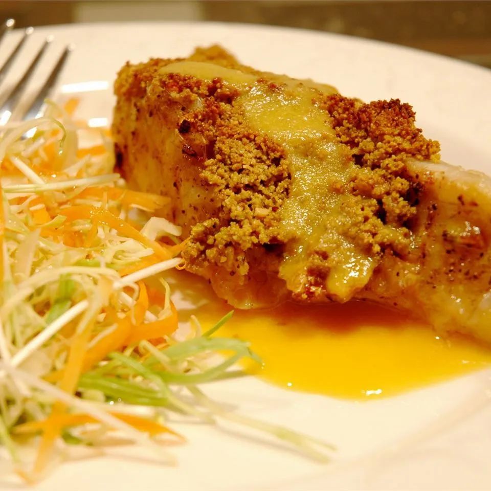 Macadamia-Crusted Sea Bass with Mango Cream Sauce