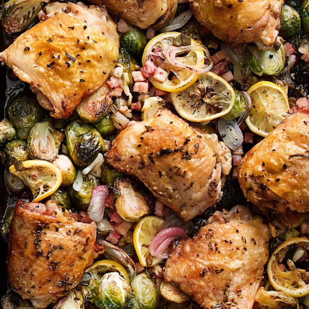 Sheet Pan Roasted Chicken Thighs with Brussels Sprouts