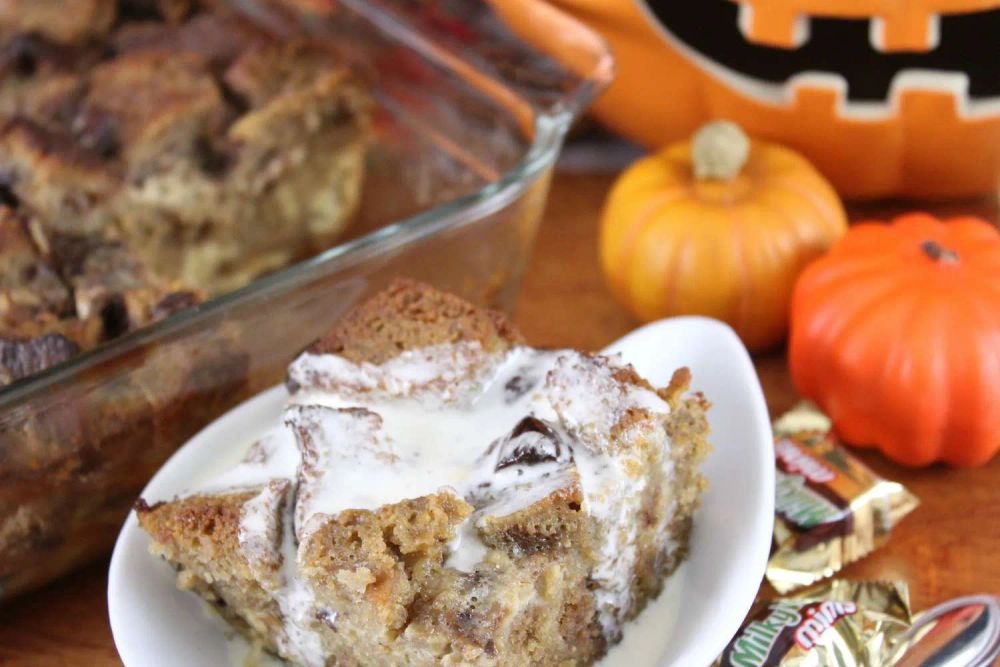 Pound Cake Bread Pudding with Leftover Halloween Candy