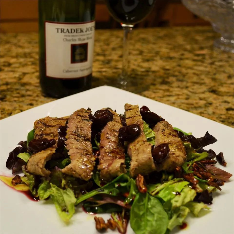 Grilled Peppercorn Steak and Caramelized Pecan Salad with Cabernet-Cherry Vinaigrette