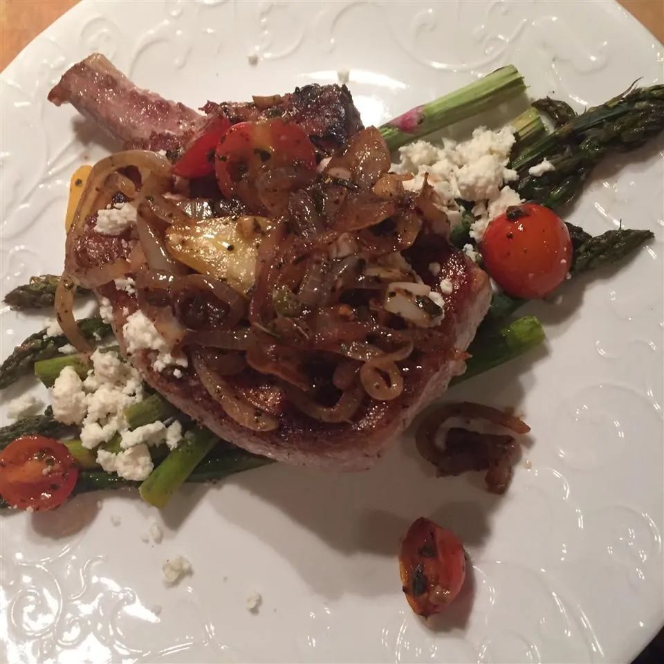 Pork Chops with Fresh Tomato, Onion, Garlic, and Feta