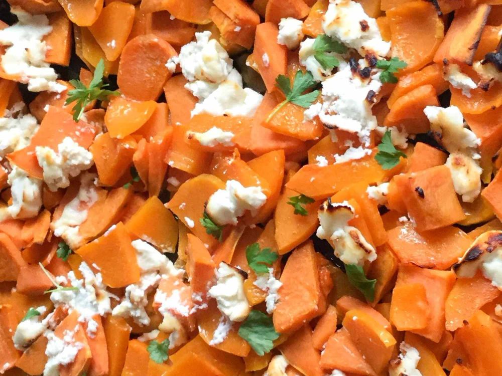 Roasted Squash and Sweet Potatoes with Goat Cheese