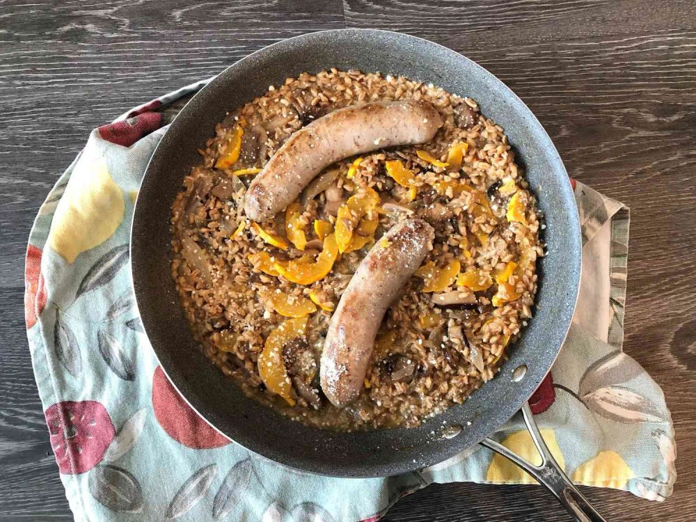 Sausage and Farro Skillet with Mushrooms and Delicata Squash