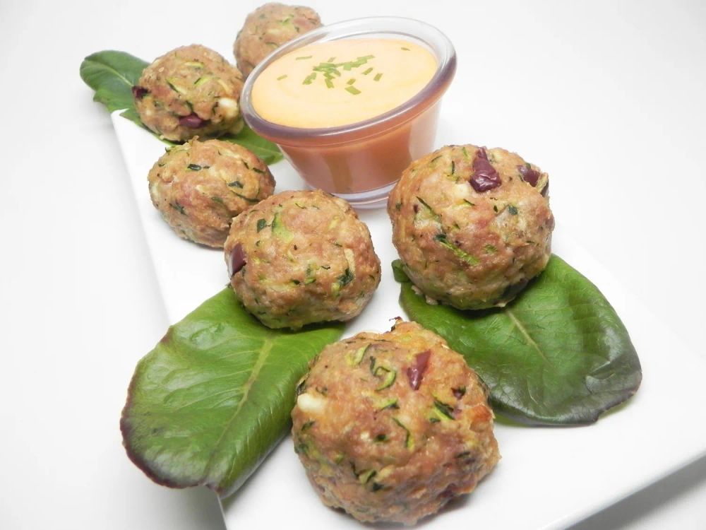 Turkey Zucchini Meatballs with Roasted Pepper Dipping Sauce