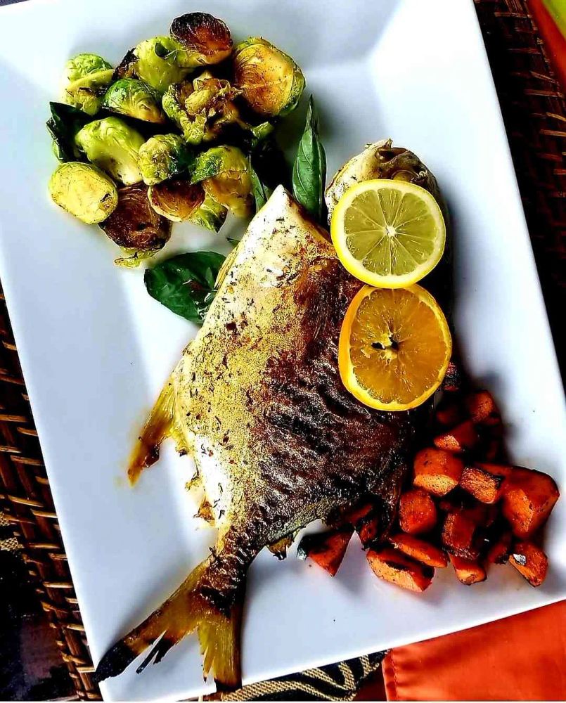 Grilled Golden Pompano with Sweet Potatoes