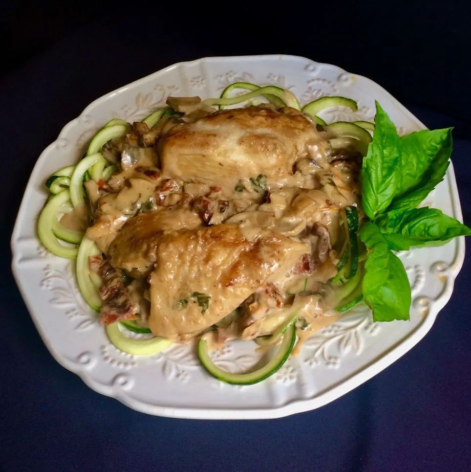 Chicken and Mushrooms in Cream Sauce over Zoodles