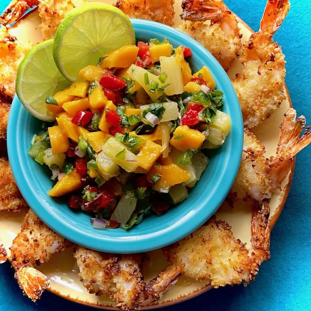 Air Fryer Butterflied Shrimp with Pineapple and Mango Salsa