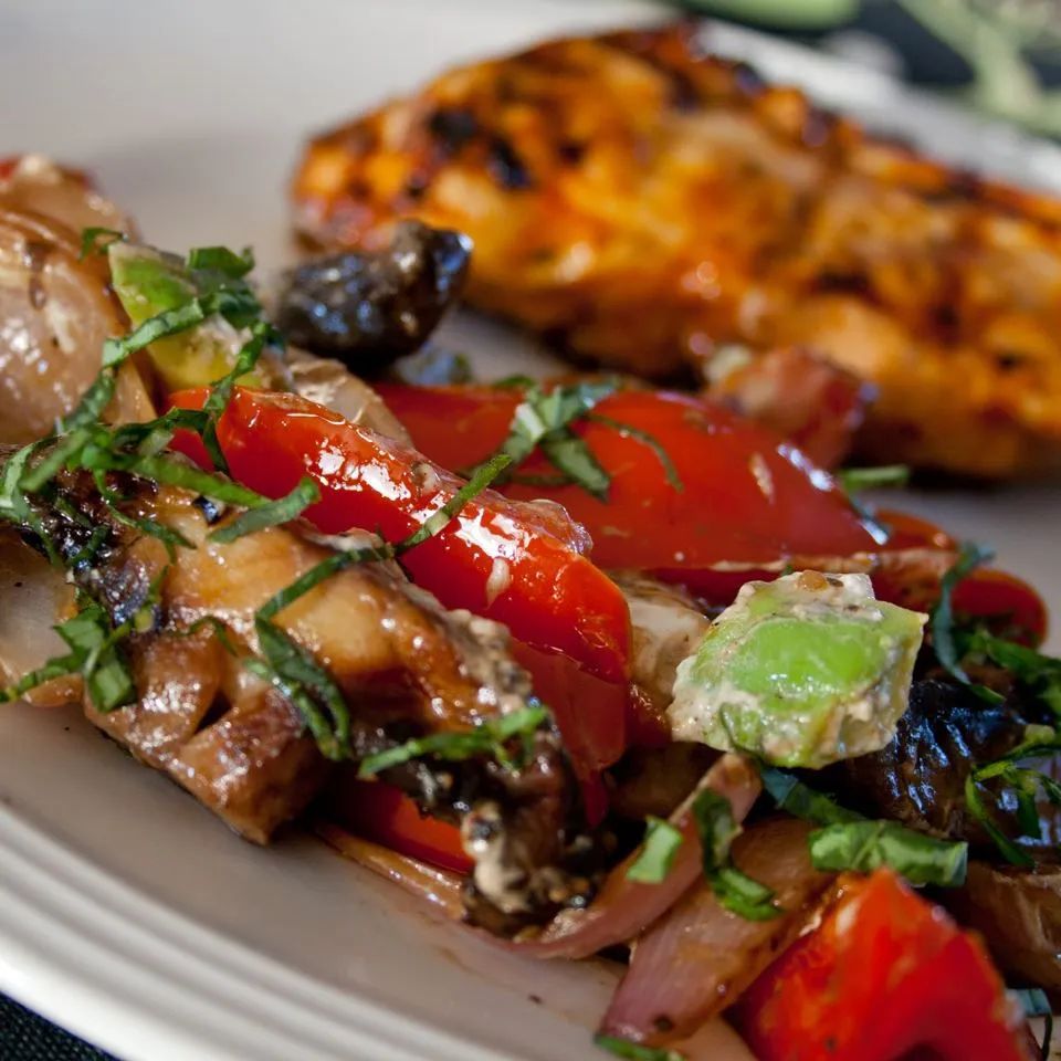 Great Grilled Smoky Vegetables with Avocado and Goat Cheese Crumbles