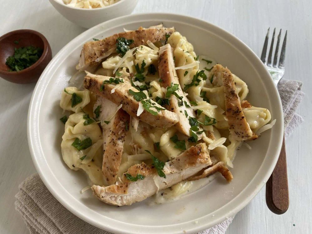 Tortellini Alfredo with Grilled Chicken Breasts