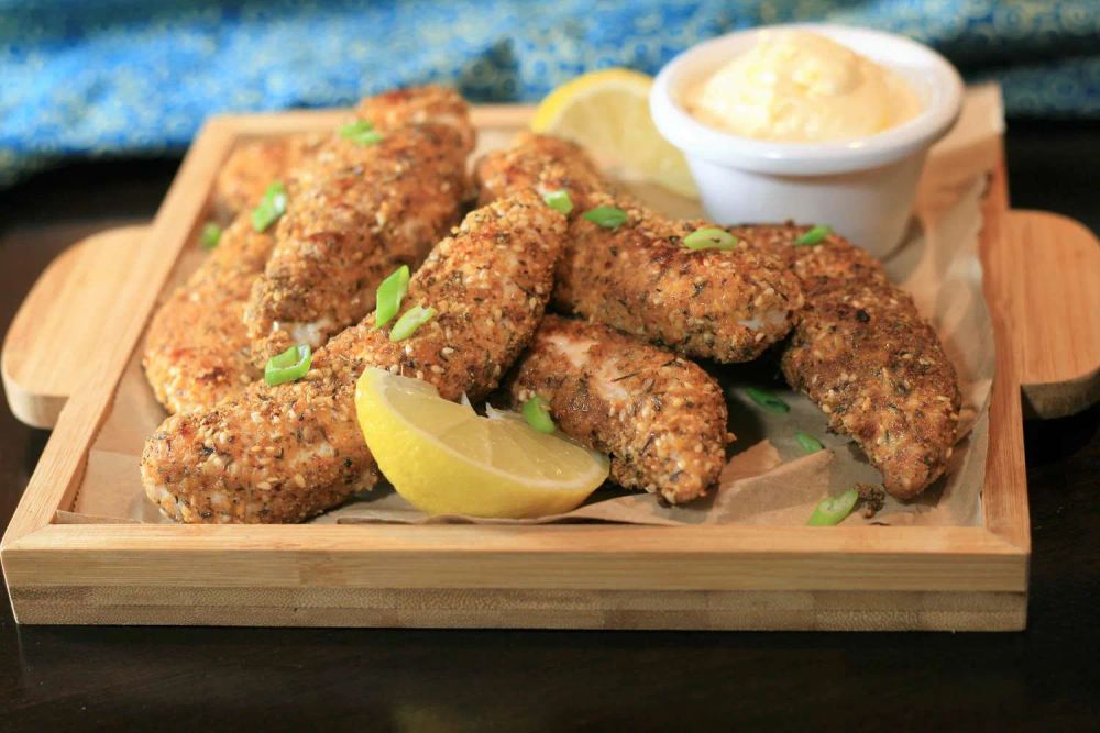 Dukkah-Crusted Chicken Tenders with Lemon-Saffron Aioli