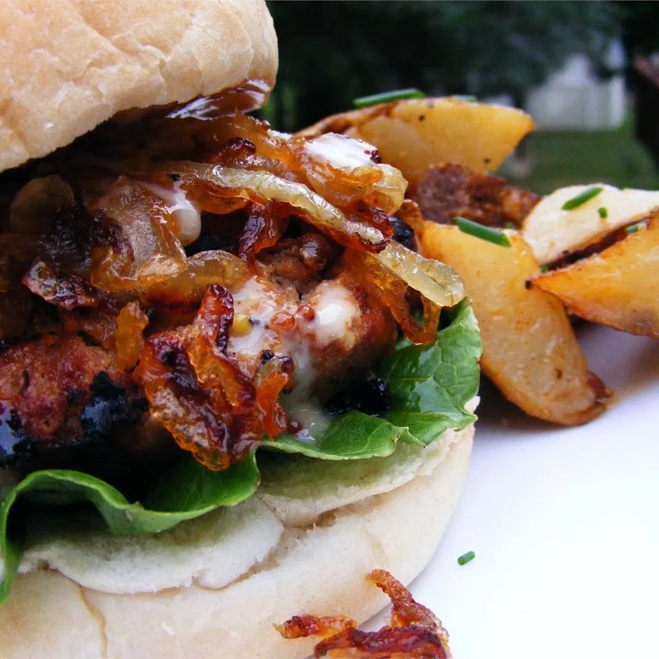 Kickin' Turkey Burger with Caramelized Onions and Spicy Sweet Mayo