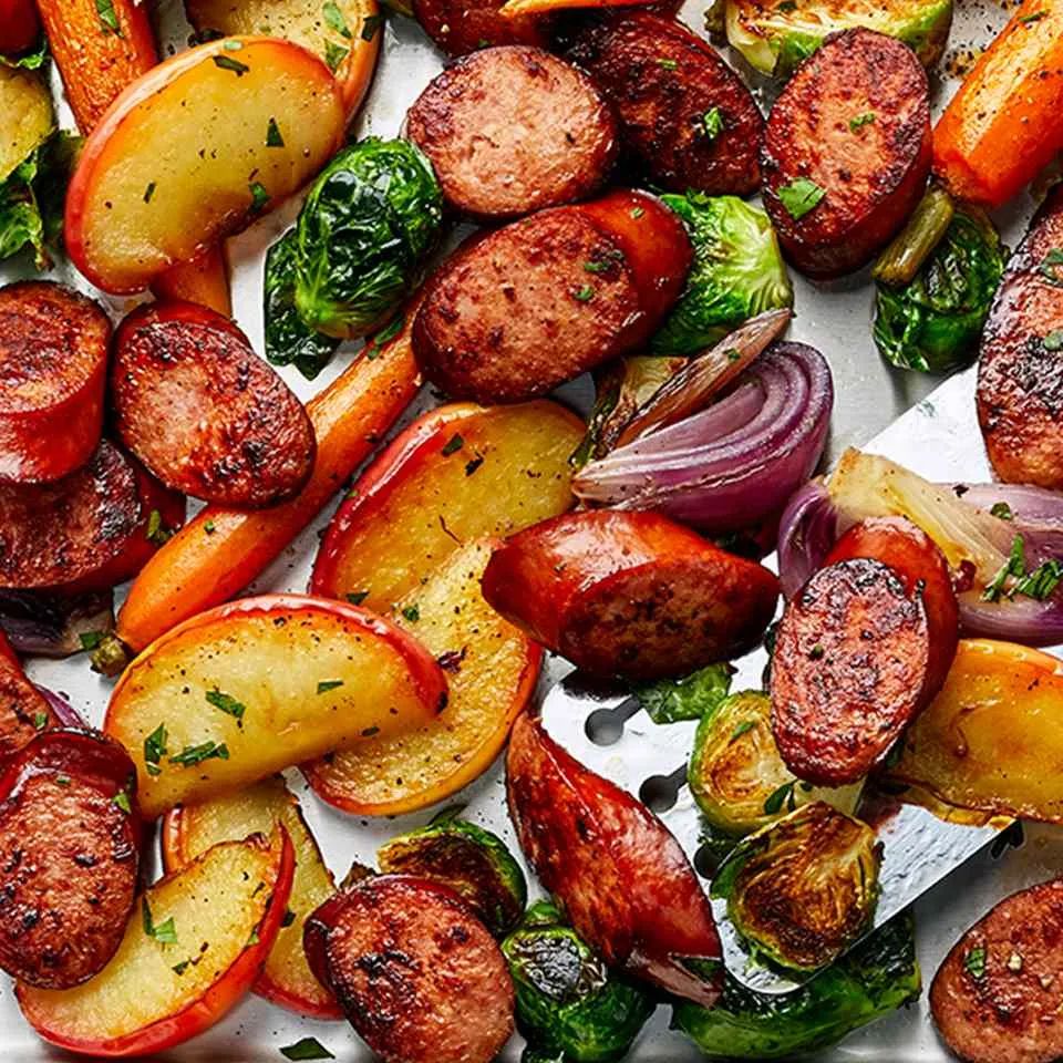 Sheet Pan Smoked Sausage, Apple, and Root Veggie Dinner