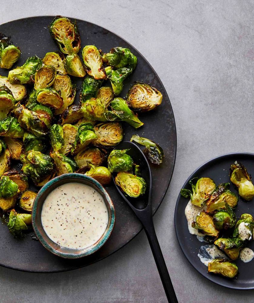 Air Fryer Roasted Brussels Sprouts with Maple-Mustard Mayo