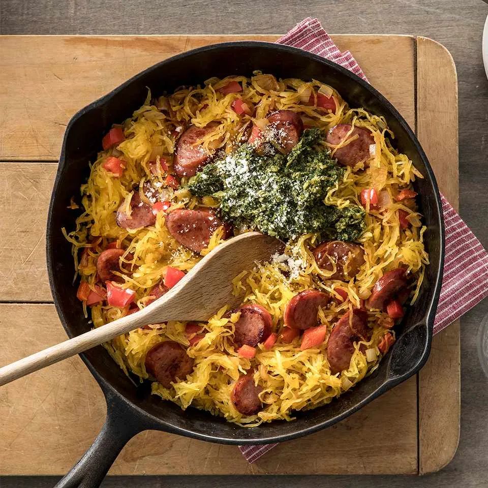 Pesto Spaghetti Squash Skillet with Hillshire Farm® Smoked Sausage