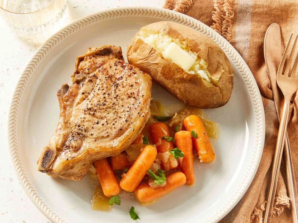 Pressure Cooker Bone-In Pork Chops, Baked Potatoes, and Carrots