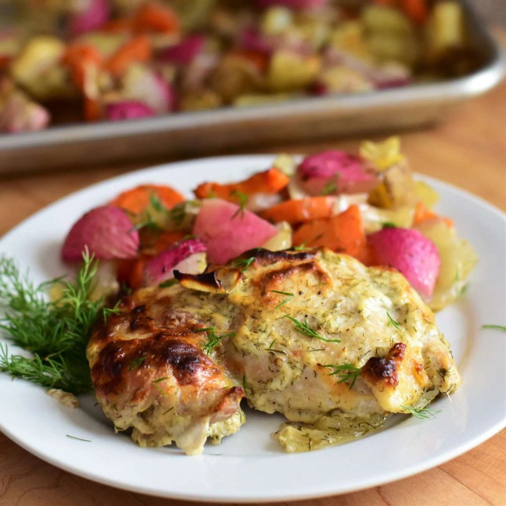 Lemon, Yogurt, and Dill Chicken Thighs with Roasted Veggies