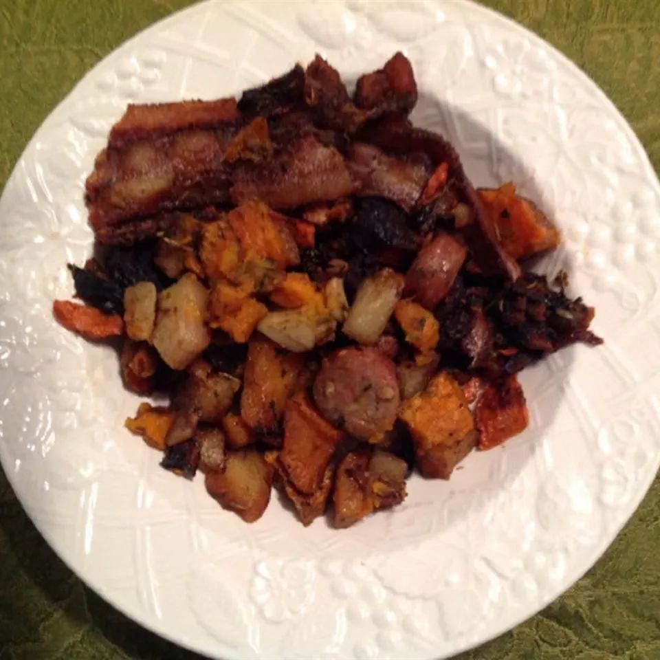 Sunshine's Roasted Winter Vegetables with Chicken-Apple Sausage and Bacon