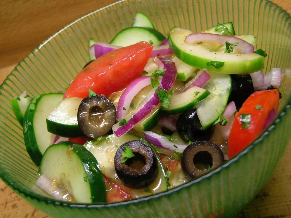 Cucumber Tomato Salad with Zucchini and Black Olives in Lemon Balsamic Vinaigrette